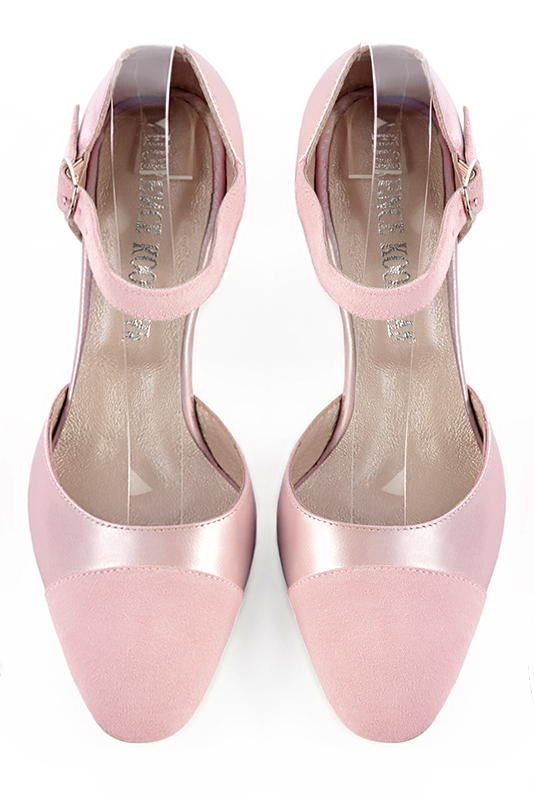 Light pink women's open side shoes, with an instep strap. Round toe. Medium comma heels. Top view - Florence KOOIJMAN